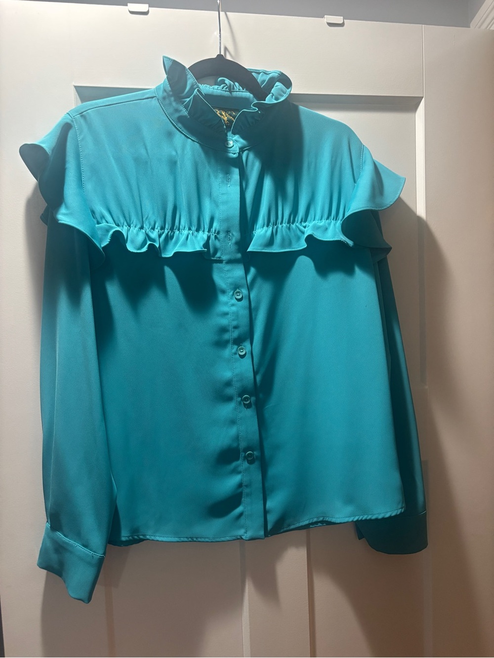 SSYS Ruffled High-Neck Blouse in Turquoise